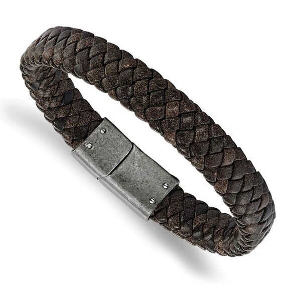 11mm Antique Stainless Steel Speckled Brown Leather Bracelet 8.25 In